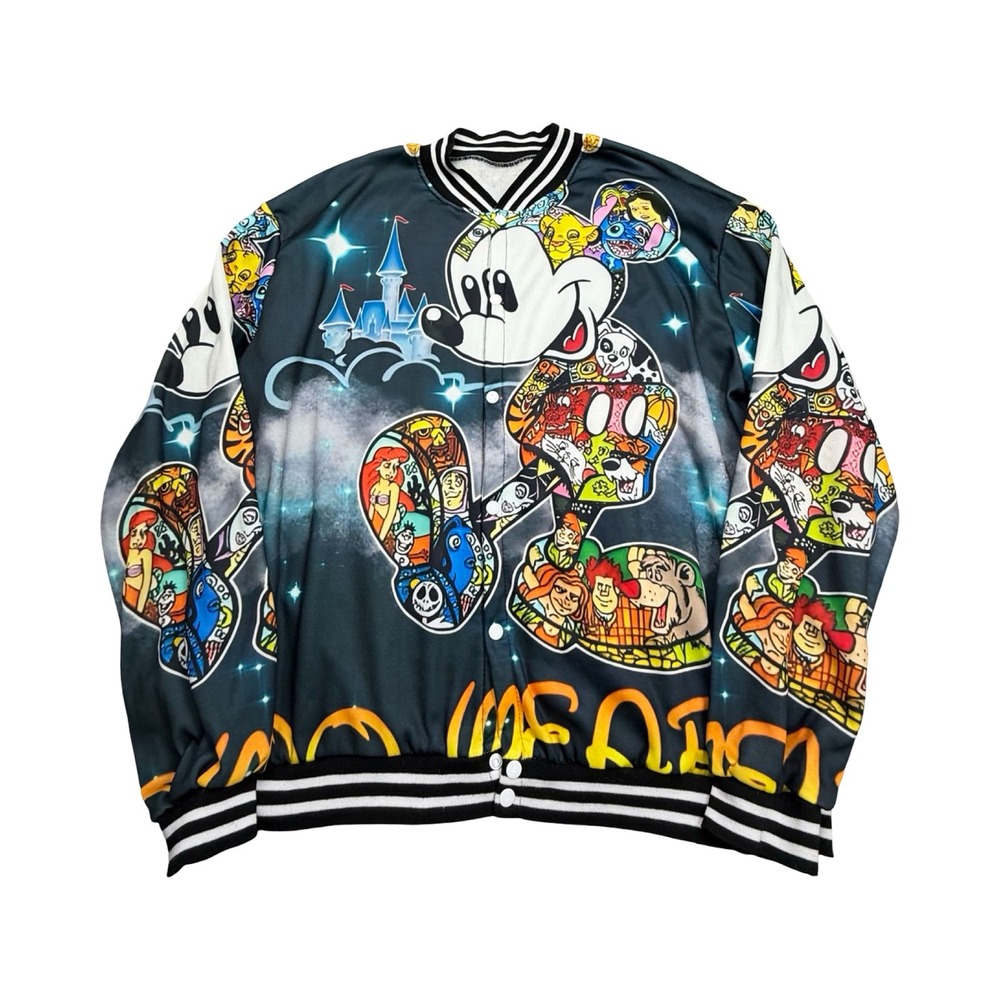 Disney Mickey Mouse Varsity Jacket Womens L Black All Over Print Galaxy Western